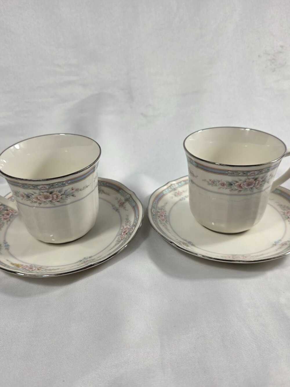 TWO Noritake Rothschild Cup & Saucer Sets Ivory Blue Band with Pink Flowers